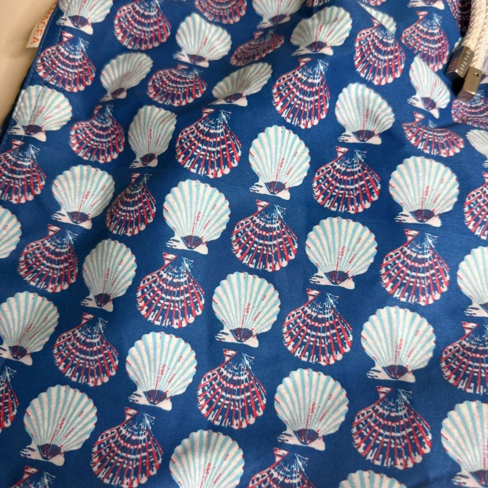 PALMACEA Men's Swim Trunks Navy Blue Shell Print Elastic Waist Drawstring Size M